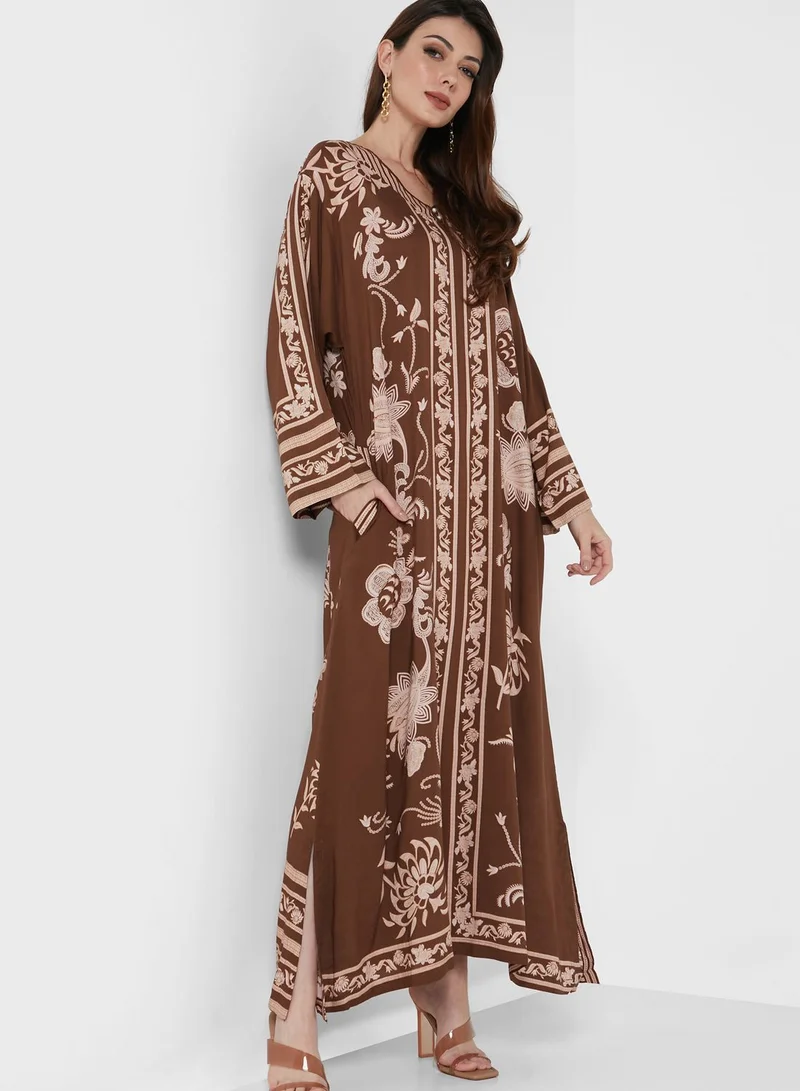 Nishat Linen Floral Print Jalabiya