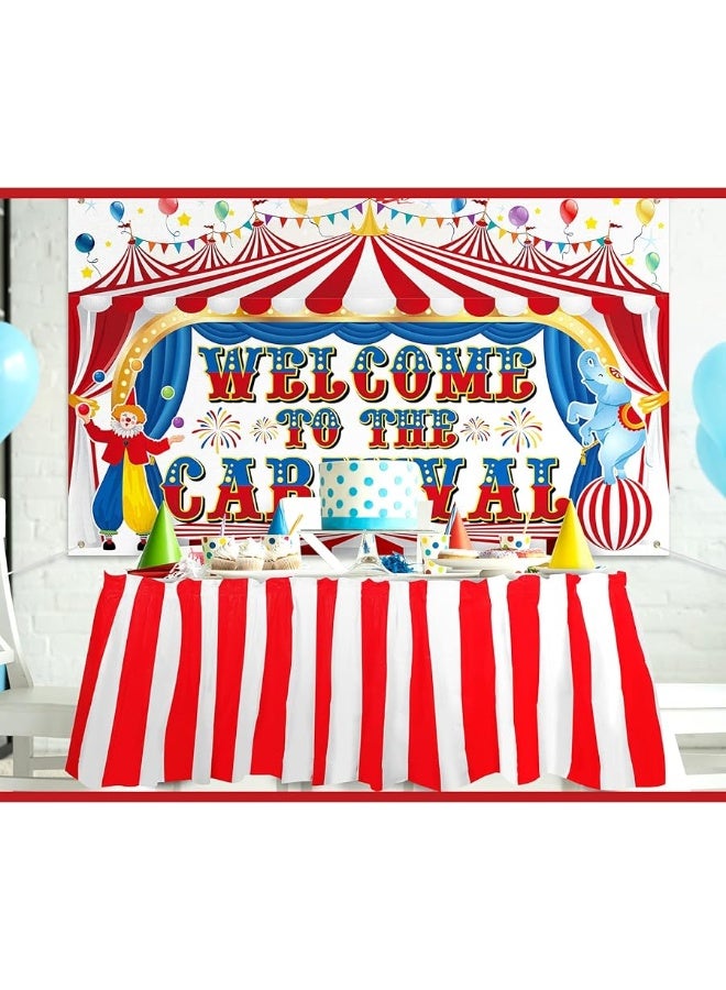 Macarrie زينة حفلات موضوع السيرك الكرنفالي مرحبًا بكم في الكرنفال لافتة خلفية ومجموعة تنورة طاولة مخططة بالأحمر والأبيض لحفلات موضوع الكرنفال السيرك عيد الميلاد الهالوين حفلات عيد الميلاد - Image 1