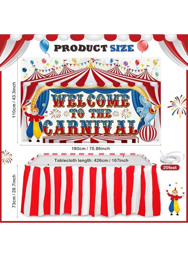 Macarrie زينة حفلات موضوع السيرك الكرنفالي مرحبًا بكم في الكرنفال لافتة خلفية ومجموعة تنورة طاولة مخططة بالأحمر والأبيض لحفلات موضوع الكرنفال السيرك عيد الميلاد الهالوين حفلات عيد الميلاد - Image 4