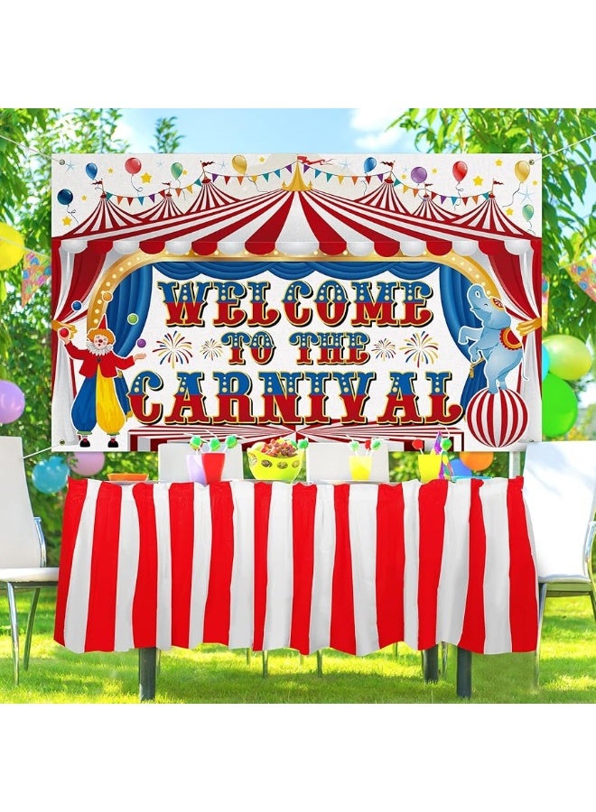 Macarrie زينة حفلات موضوع السيرك الكرنفالي مرحبًا بكم في الكرنفال لافتة خلفية ومجموعة تنورة طاولة مخططة بالأحمر والأبيض لحفلات موضوع الكرنفال السيرك عيد الميلاد الهالوين حفلات عيد الميلاد - Image 5