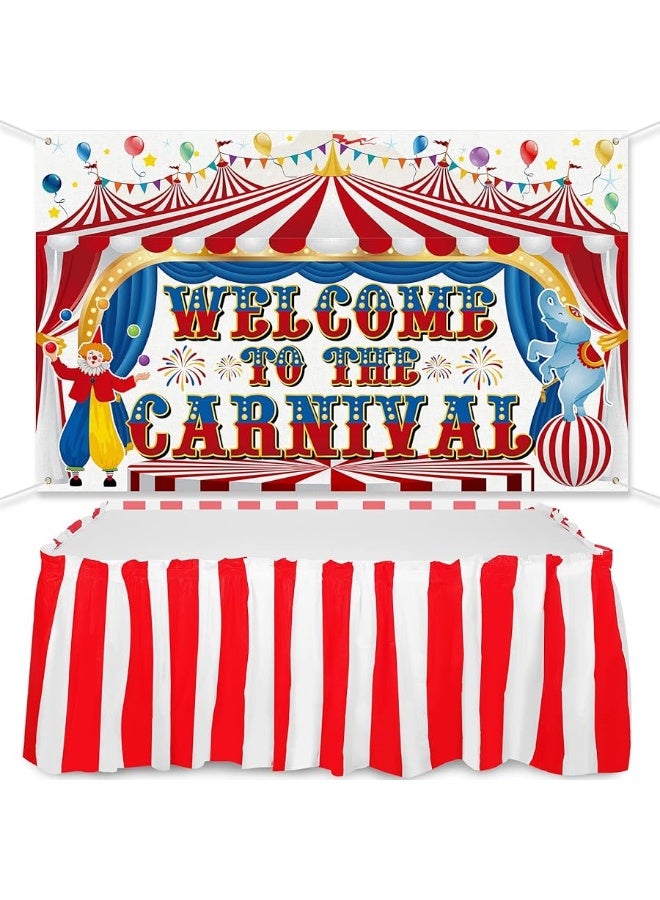 Macarrie زينة حفلات موضوع السيرك الكرنفالي مرحبًا بكم في الكرنفال لافتة خلفية ومجموعة تنورة طاولة مخططة بالأحمر والأبيض لحفلات موضوع الكرنفال السيرك عيد الميلاد الهالوين حفلات عيد الميلاد - Image 2