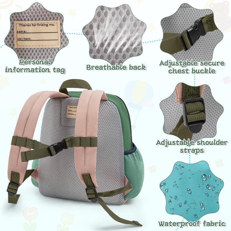 LASUK Toddler Backpack for Boys & Girls 1-3 Years, 10.5 Inch Lightweight Kids Bookbag, Waterproof Preschool Backpack for Kindergarten, Daycare, Travel, Durable Small Child School Bag, Green Grey - Image 3