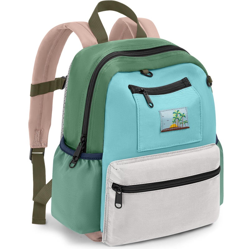 LASUK Toddler Backpack for Boys & Girls 1-3 Years, 10.5 Inch Lightweight Kids Bookbag, Waterproof Preschool Backpack for Kindergarten, Daycare, Travel, Durable Small Child School Bag, Green Grey - Image 1