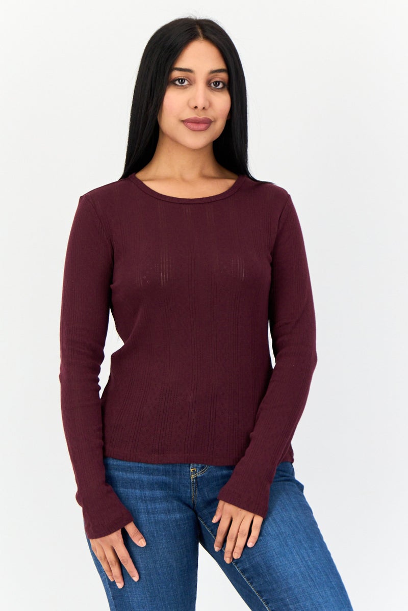 VERO MODA Women Round Neck Long Sleeves Textured Top, Dark Mauve  - Image 1
