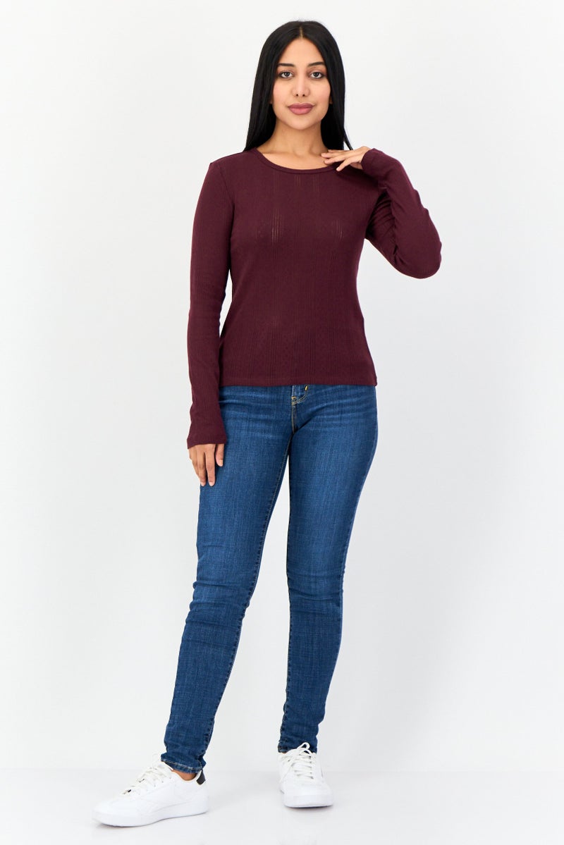 VERO MODA Women Round Neck Long Sleeves Textured Top, Dark Mauve  - Image 3