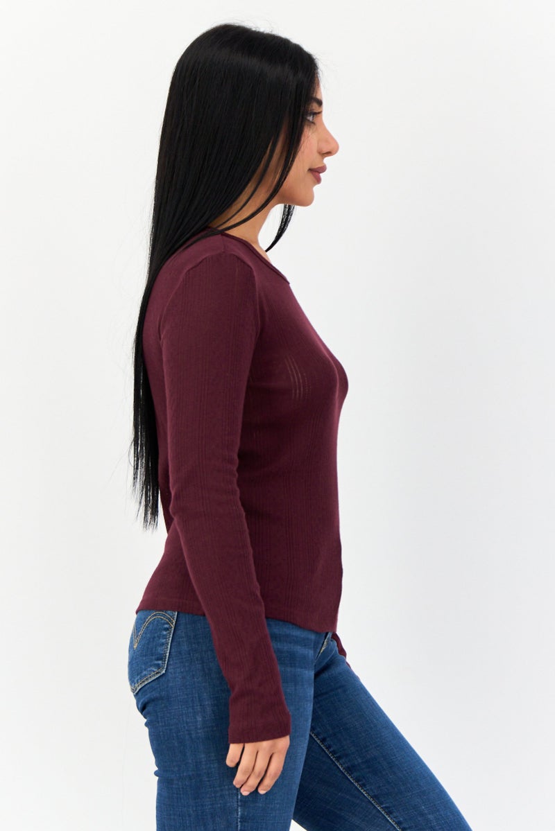 VERO MODA Women Round Neck Long Sleeves Textured Top, Dark Mauve  - Image 4
