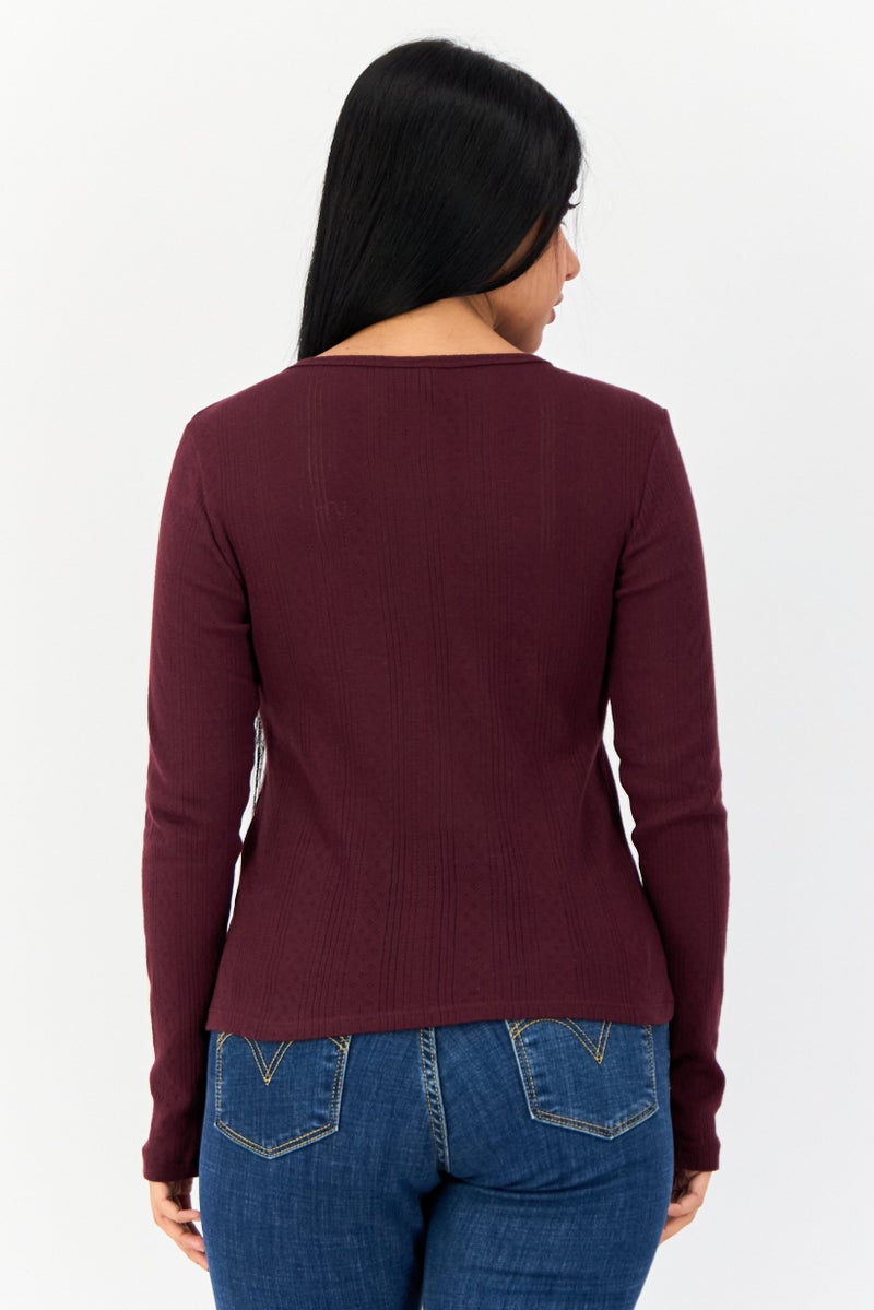 VERO MODA Women Round Neck Long Sleeves Textured Top, Dark Mauve  - Image 2