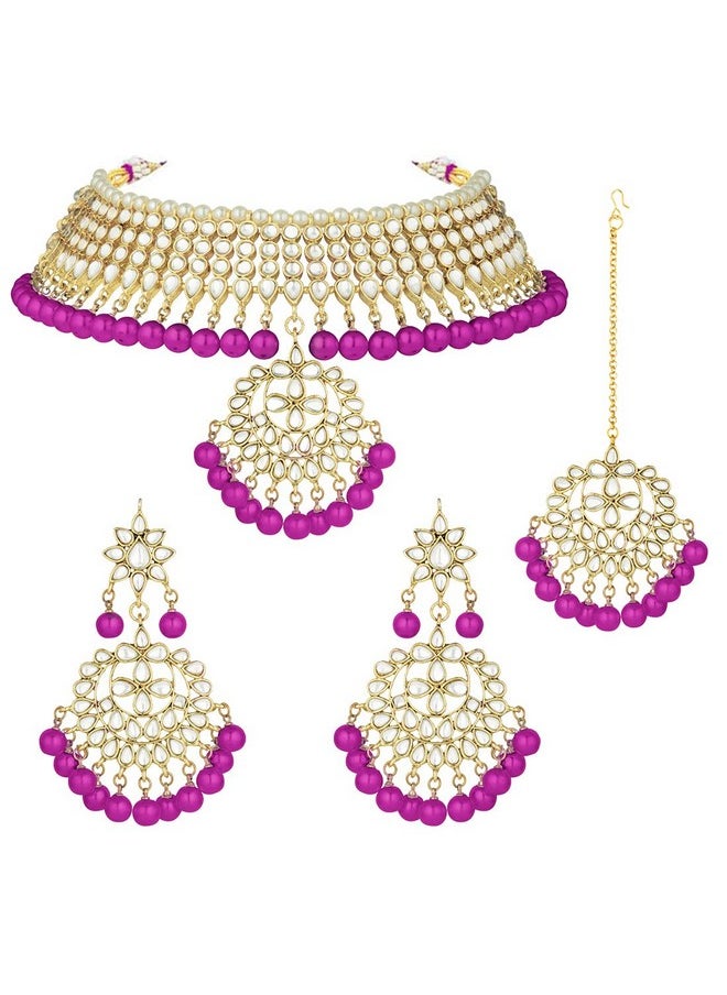 Aheli Faux Kundan Necklace Earrings Maang Tikka Set Indian Ethnic Wedding Fashion Jewelry Set For Women Rani Pink  - Image 1