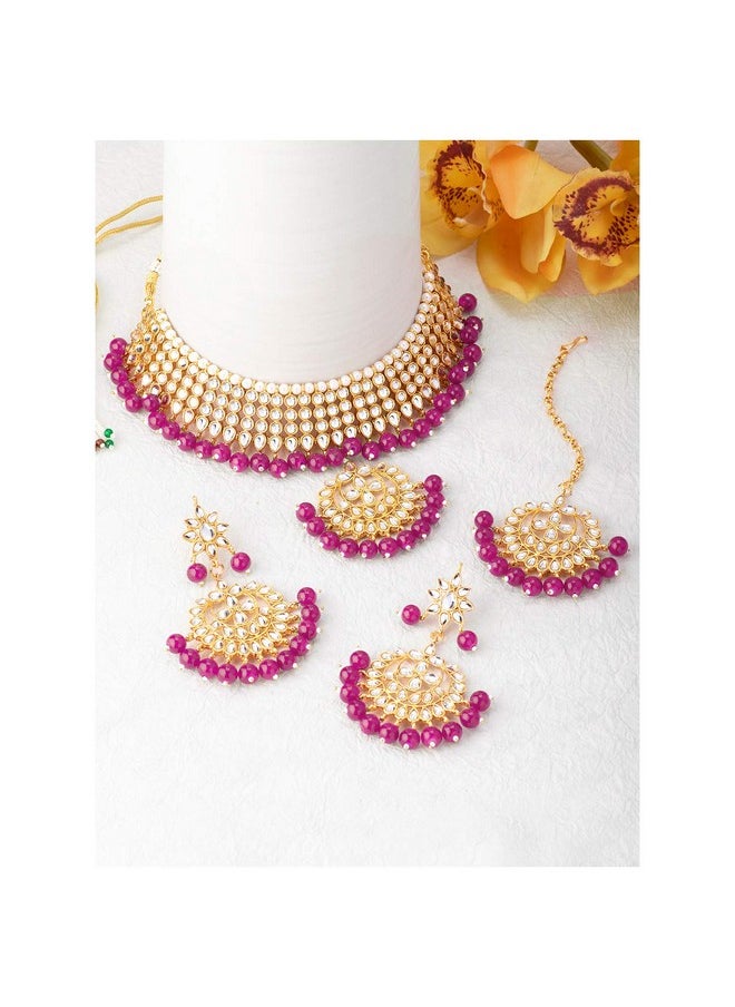 Aheli Faux Kundan Necklace Earrings Maang Tikka Set Indian Ethnic Wedding Fashion Jewelry Set For Women Rani Pink  - Image 3