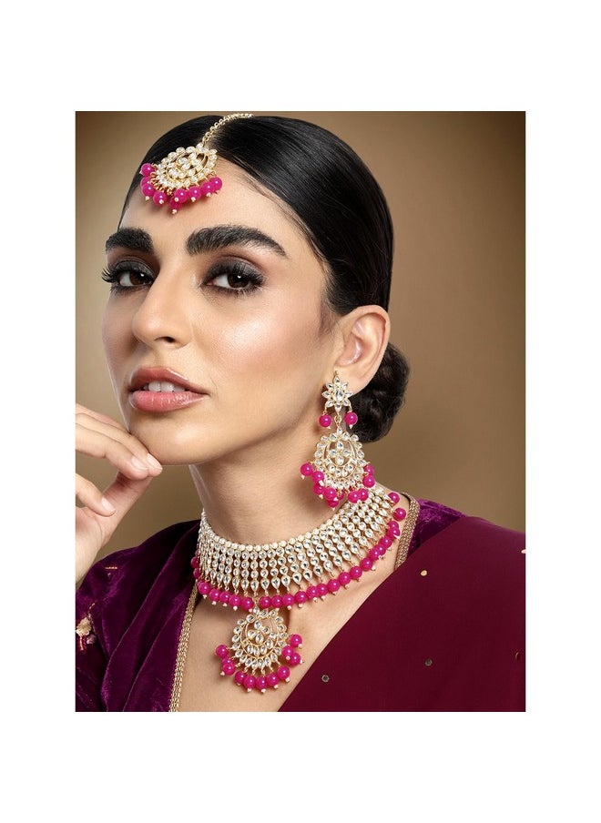 Aheli Faux Kundan Necklace Earrings Maang Tikka Set Indian Ethnic Wedding Fashion Jewelry Set For Women Rani Pink  - Image 2