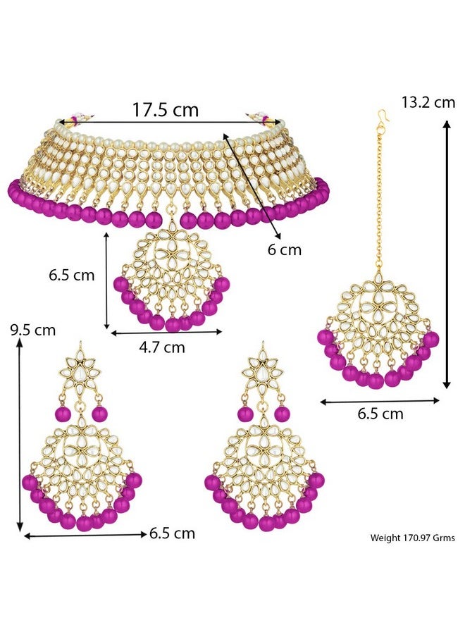 Aheli Faux Kundan Necklace Earrings Maang Tikka Set Indian Ethnic Wedding Fashion Jewelry Set For Women Rani Pink  - Image 4