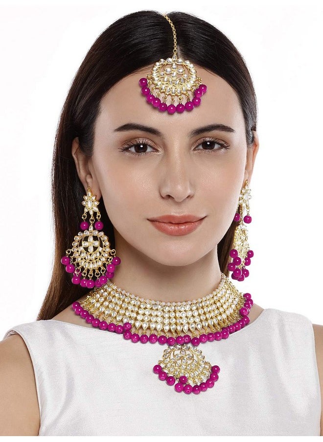 Aheli Faux Kundan Necklace Earrings Maang Tikka Set Indian Ethnic Wedding Fashion Jewelry Set For Women Rani Pink  - Image 5