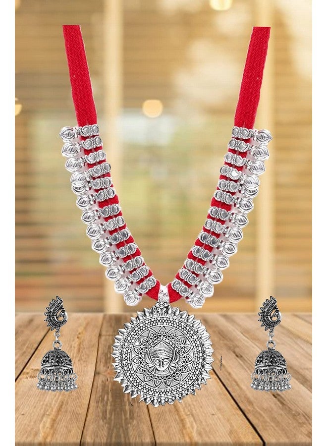 YouBella مجموعة مجوهرات يوبلا الفاخرة من الفضة الألمانية القديمة المطلية بالأكسيد مع خيوط قطنية، تتضمن قلادة وأقراط للنساء والفتيات. (هدية خاصة لعيد الحب). (أحمر) - Image 4