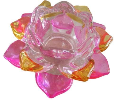 Onlyeasy Onlyeasy Fancy Crystal Glass Lotus Candle Holders | Diya Stand | Pink & Yellow Color 1PC  - Image 2