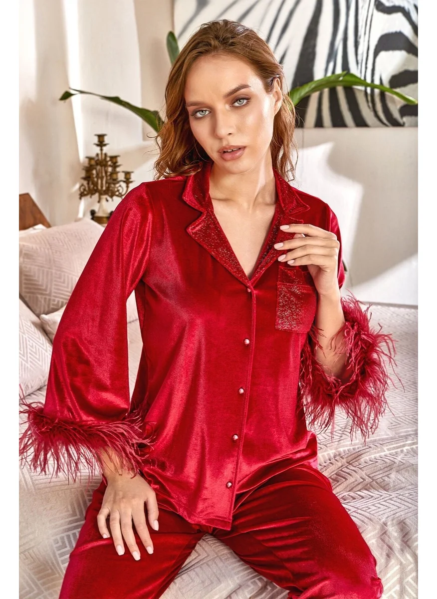 Cossy By Aqua 24116 Women's Long Sleeve Velvet Detailed Shirt Pajama Set - Red