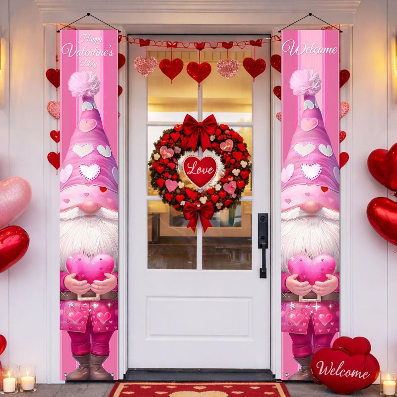 BlissYard Valentines Day Door Banner 71x12In Valentines Day Porch Banner Valentine Decorations Pink Gnome Love Heart Theme Party Decor for Wedding Anniversary Front Door Porch Entryway Indoor Outdoor - Image 2