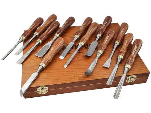 Faithfull Wood Carving Chisel Set of 12 in Presentation Case, ‎Walnut Color - Image 1
