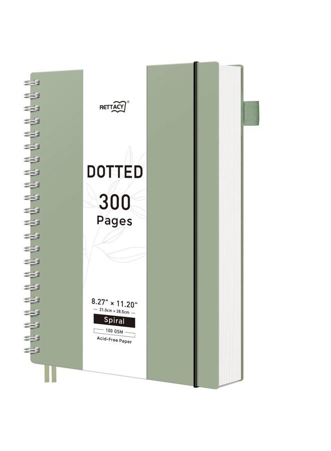 RETTACY Bullet Dotted Journal Notebook, 300 Pages, A4 Large Size (8.2'' × 11.2''), 100 GSM Thick Paper, Flexible Plastic Cover, Spiral-bound, for Bullet Journaling, Planning, Tracking (Sage Green) - Image 1