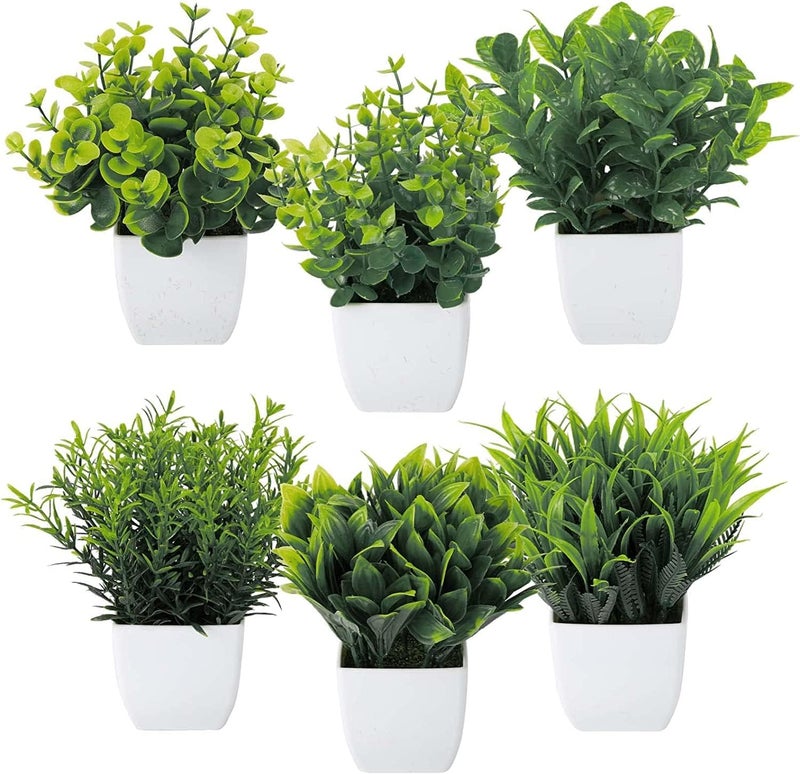 Dekorly Artificial Potted Plants, Artificial Plastic Eucalyptus Plants Small Indoor Potted Houseplants, Small Faux Plants for Home Decor Bathroom Office Farmhouse (Set 0F 6) - Image 1