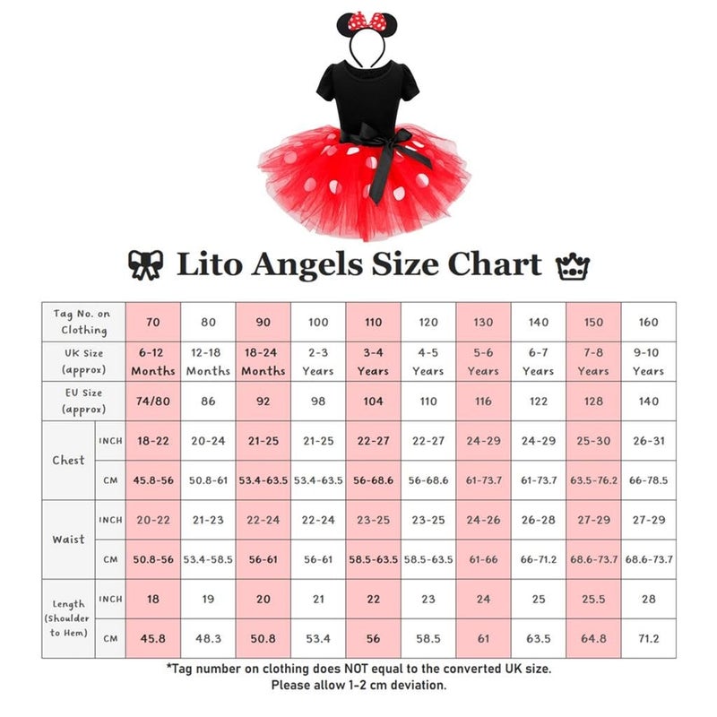 Lito Angels زي ليتو أنجلز ميني الفاخر مع أذني فأر وقوس شعر للأطفال البنات، حفلة عيد الهالوين أو عيد الميلاد، تنورة توتو بنقاط بولكا، العمر 2-3 سنوات، أحمر - Image 2