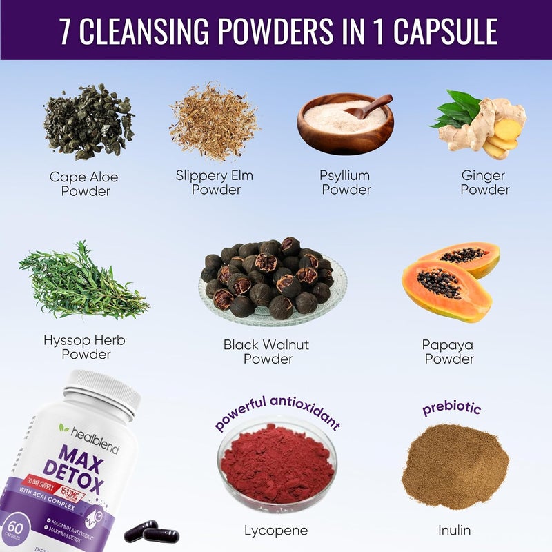 healblend مكمل ماكس ديتوكس لتنظيف الأمعاء المتقدم للنساء والرجال مع السيليوم والكلوريلا وعشبة الزعتر والبابايا مع مركب الأساي لتنظيف القولون 60 كبسولة - Image 5
