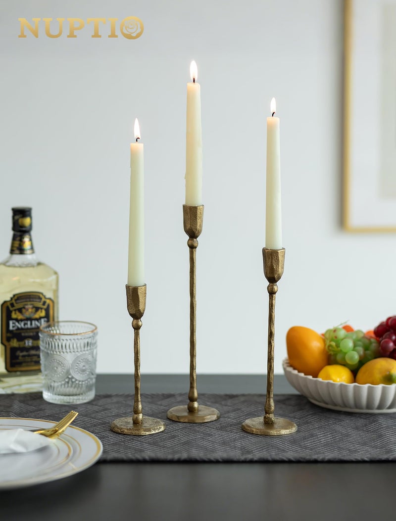 NUPTIO Iron Taper Candle Holders: Antique Brass Candlestick Holder for Thanksgiving Christmas Party - Set of 3 Tall Gold Candles Stick Decor for Fireplace Table Centerpiece - Image 3