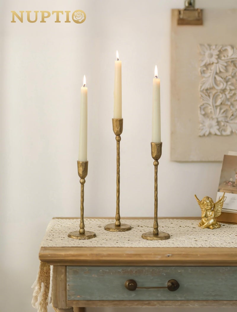 NUPTIO Iron Taper Candle Holders: Antique Brass Candlestick Holder for Thanksgiving Christmas Party - Set of 3 Tall Gold Candles Stick Decor for Fireplace Table Centerpiece - Image 4