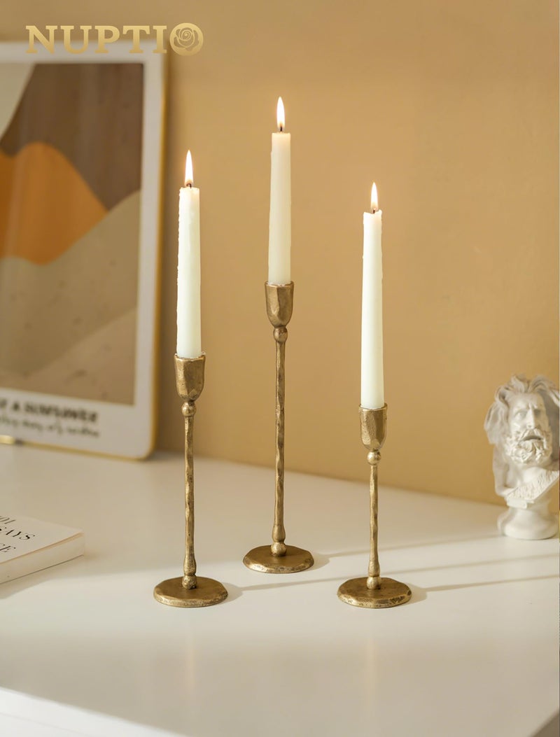 NUPTIO Iron Taper Candle Holders: Antique Brass Candlestick Holder for Thanksgiving Christmas Party - Set of 3 Tall Gold Candles Stick Decor for Fireplace Table Centerpiece - Image 2