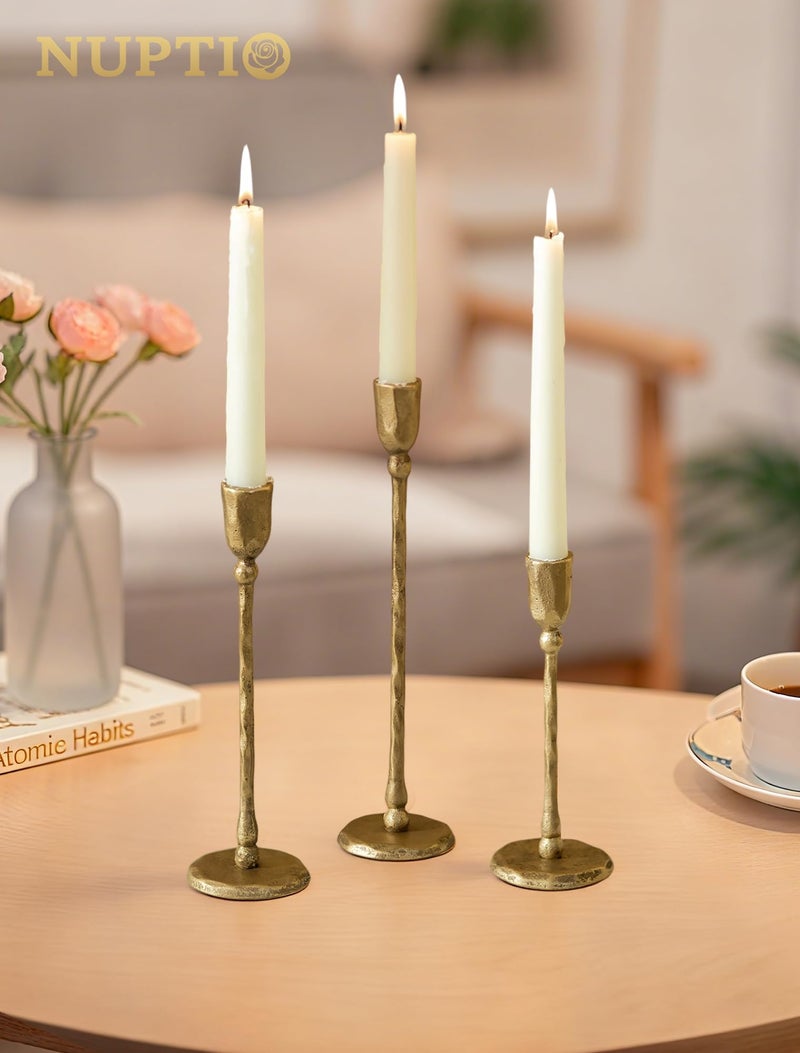 NUPTIO Iron Taper Candle Holders: Antique Brass Candlestick Holder for Thanksgiving Christmas Party - Set of 3 Tall Gold Candles Stick Decor for Fireplace Table Centerpiece - Image 5