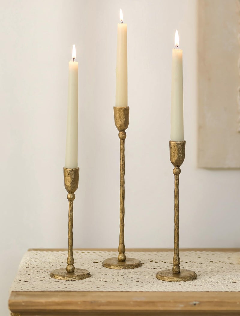NUPTIO Iron Taper Candle Holders: Antique Brass Candlestick Holder for Thanksgiving Christmas Party - Set of 3 Tall Gold Candles Stick Decor for Fireplace Table Centerpiece - Image 1