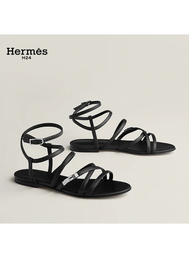 Hermes H24 صندل هيرميس H24 Lullaby من جلد الماعز، بمقدمة مستديرة وأشرطة ومشبك، للنساء، صيفي، أسود - Image 1