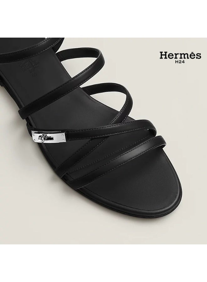 Hermes H24 صندل هيرميس H24 Lullaby من جلد الماعز، بمقدمة مستديرة وأشرطة ومشبك، للنساء، صيفي، أسود - Image 4