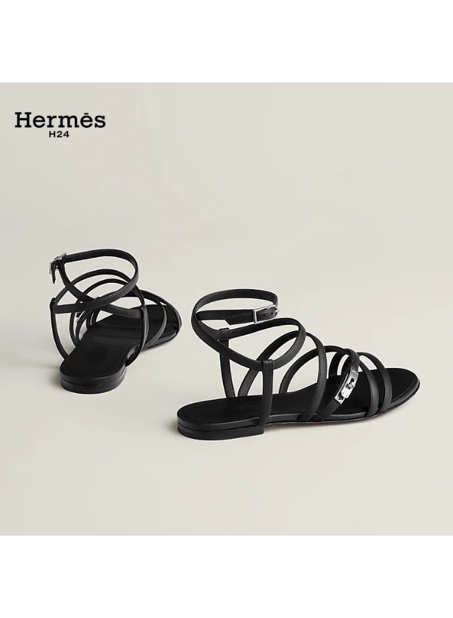 Hermes H24 صندل هيرميس H24 Lullaby من جلد الماعز، بمقدمة مستديرة وأشرطة ومشبك، للنساء، صيفي، أسود - Image 3
