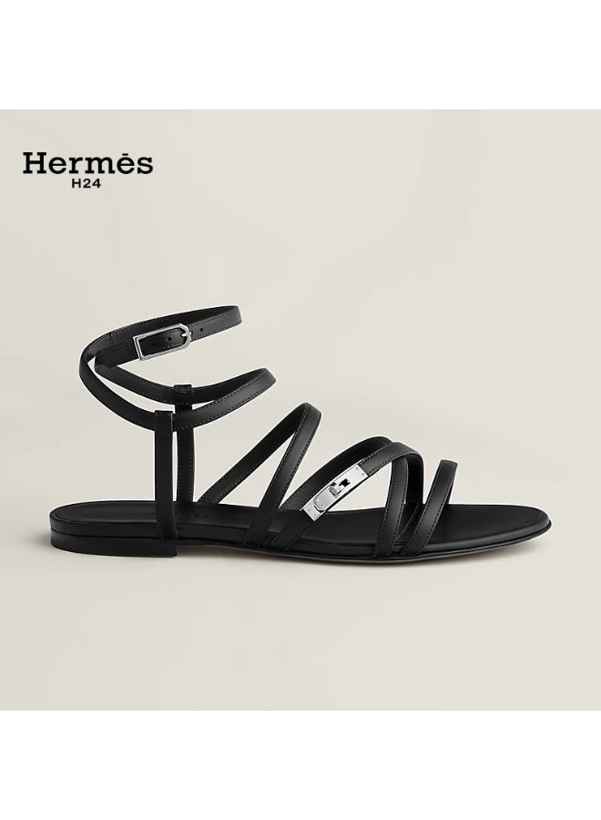 Hermes H24 صندل هيرميس H24 Lullaby من جلد الماعز، بمقدمة مستديرة وأشرطة ومشبك، للنساء، صيفي، أسود - Image 2