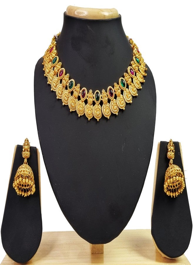 ADZOY Goddess Lakshmi Traditional South Indian Neckless with Jhumka Earrings Set Made of Pure Brass, Pearls and Kundan - Image 2