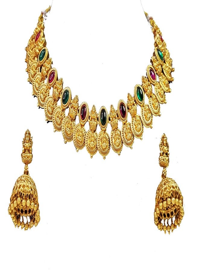 ADZOY Goddess Lakshmi Traditional South Indian Neckless with Jhumka Earrings Set Made of Pure Brass, Pearls and Kundan - Image 1
