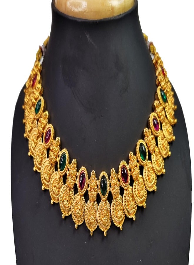 ADZOY Goddess Lakshmi Traditional South Indian Neckless with Jhumka Earrings Set Made of Pure Brass, Pearls and Kundan - Image 4