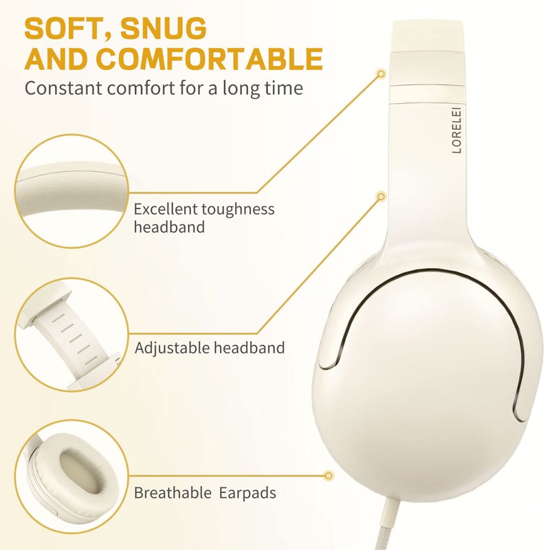 LORELEI E5 Wired Headphones for Kids Foldable & 3.5mm Jack Tangle Free Nylon Wire Stereo On Ear Headsets for Kids/Children/School/Tablet/Ipad/Kiddle/Plane (Beige White) - Image 2