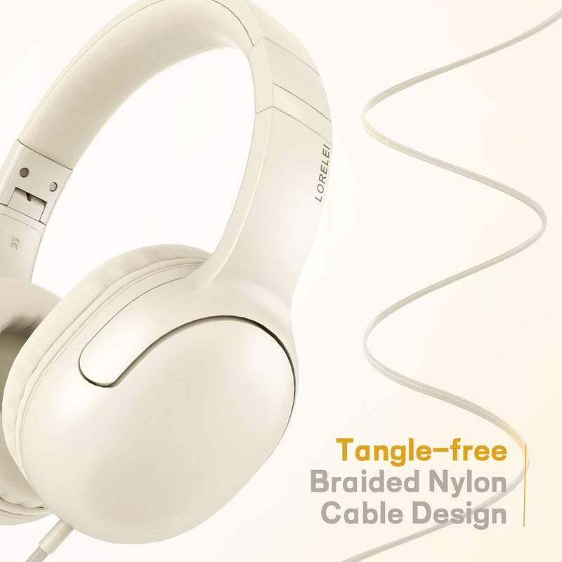 LORELEI E5 Wired Headphones for Kids Foldable & 3.5mm Jack Tangle Free Nylon Wire Stereo On Ear Headsets for Kids/Children/School/Tablet/Ipad/Kiddle/Plane (Beige White) - Image 4