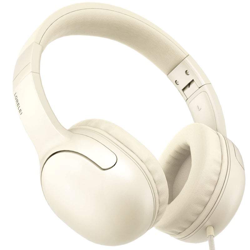 LORELEI E5 Wired Headphones for Kids Foldable & 3.5mm Jack Tangle Free Nylon Wire Stereo On Ear Headsets for Kids/Children/School/Tablet/Ipad/Kiddle/Plane (Beige White) - Image 1