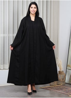Black abaya made of linen fabric, distinguished by a longitudinal floral pattern