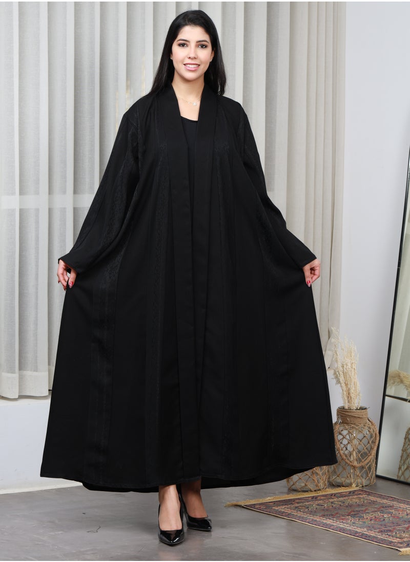 alwan aljamal - Black abaya made of linen fabric, distinguished by a longitudinal floral pattern - Image 1