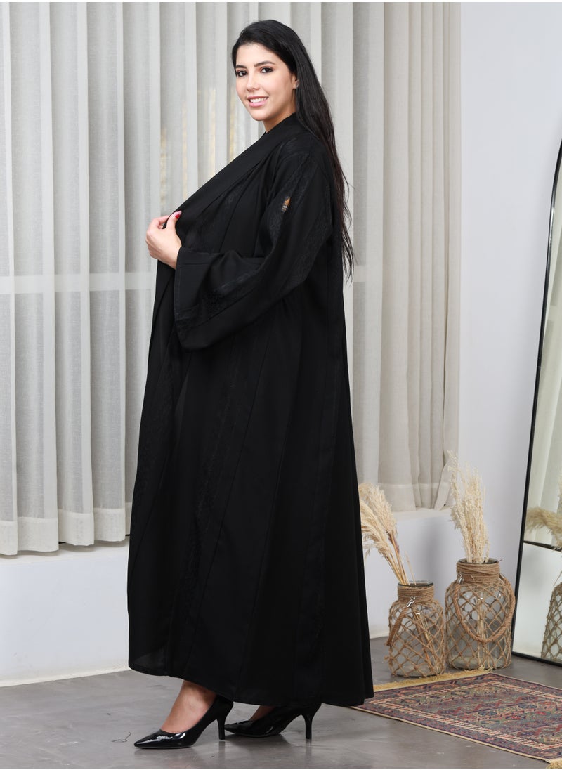 alwan aljamal - Black abaya made of linen fabric, distinguished by a longitudinal floral pattern - Image 1