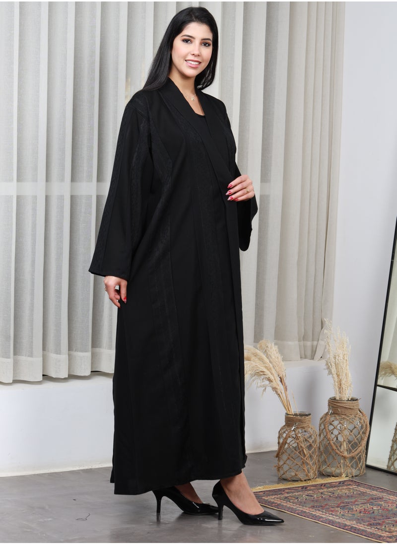 alwan aljamal - Black abaya made of linen fabric, distinguished by a longitudinal floral pattern - Image 1