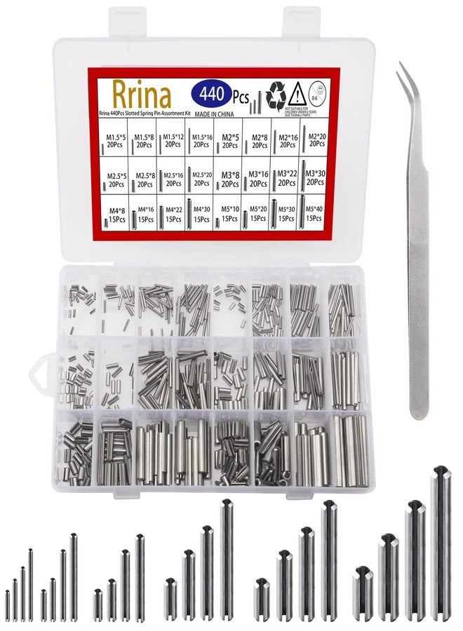 Rrina 440Pcs 304 Stainless Steel Slotted Spring Pin Assortment Kit, M1.5 M2 M2.5 M3 M4 M5 Split Expansion Dowel Tension Roll Pins - Image 1