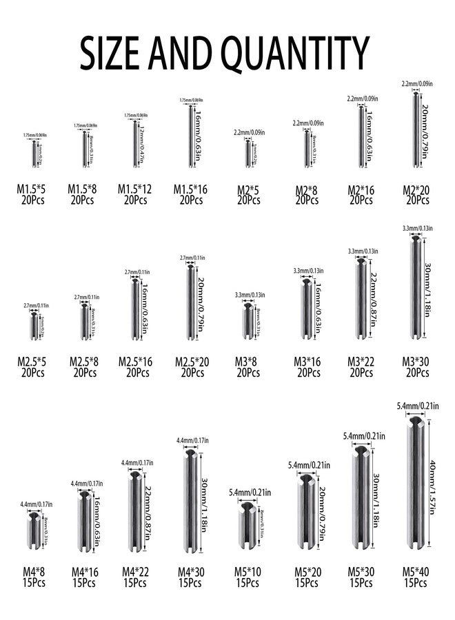 Rrina 440Pcs 304 Stainless Steel Slotted Spring Pin Assortment Kit, M1.5 M2 M2.5 M3 M4 M5 Split Expansion Dowel Tension Roll Pins - Image 2