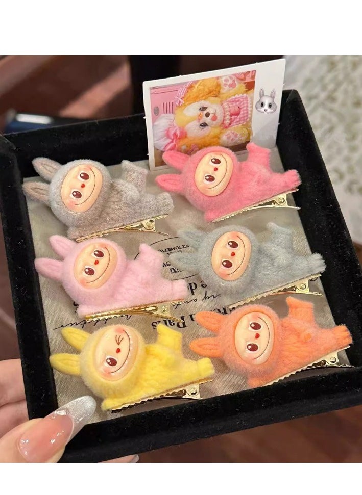 Labubu cute plush hairpin, cute girly side bangs clip, a set of 6 colors