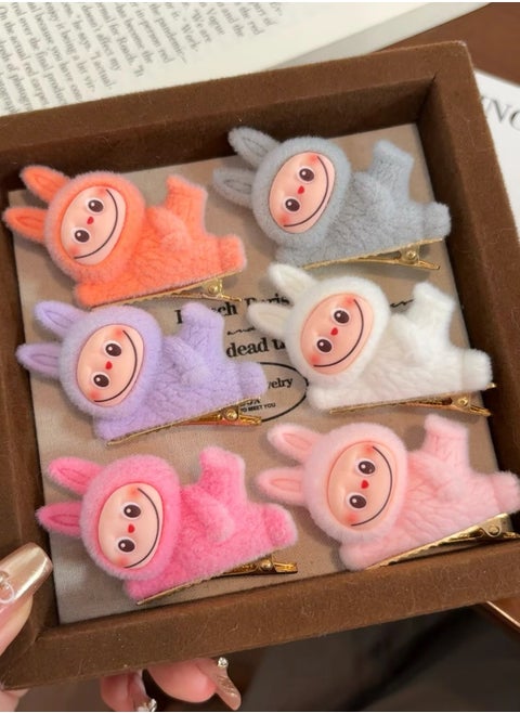 Labubu cute plush hairpin, cute girly side bangs clip, a set of 6 colors