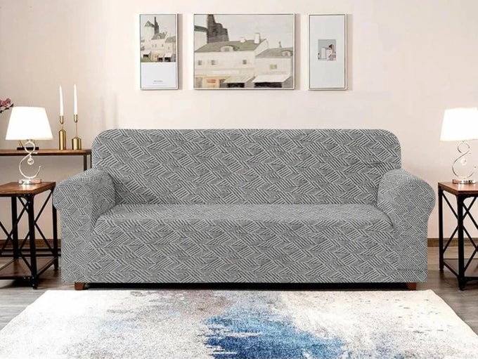 THREE SEATER POLYESTER FABRIC SOFA COVER ELASTICITY FOR COUCH FLEXIBLE STRETCH SOLID SOFA SLIPCOVER GREY 185230 CM