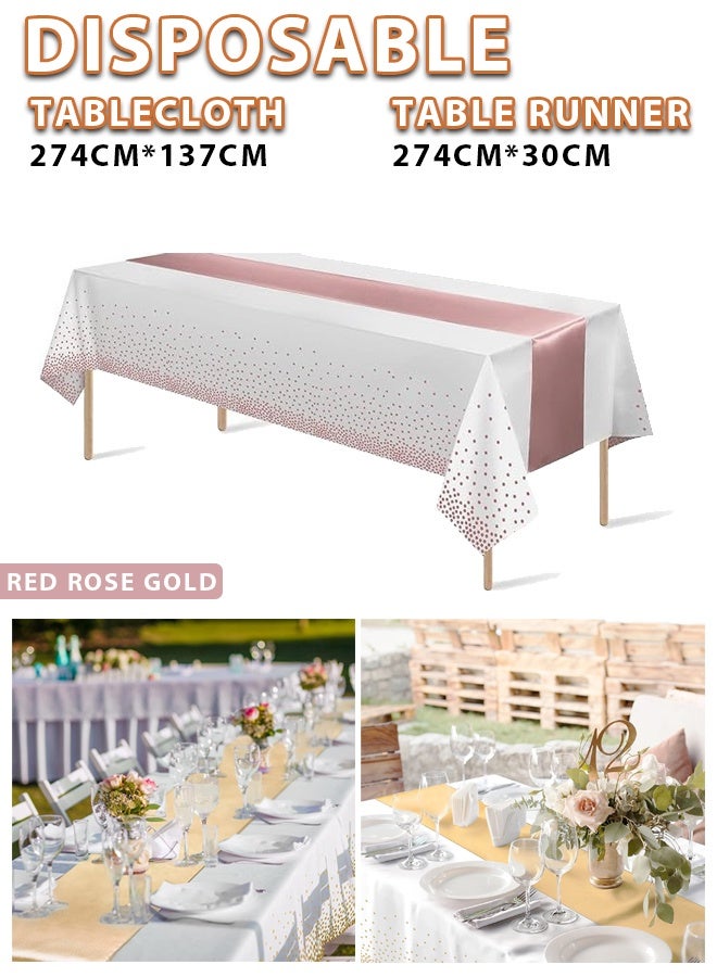 بوكسفالزور مفرش طاولة للاستخدام مرة واحدة وعلم طاولة، طقم مفرش طاولة أبيض ووردي مع مفرش ساتان - 54 × 108 بوصة، متين وأنيق، سهل التنظيف، مثالي للطاولات المستديرة/المستطيلة - مثالي لحفلات الزفاف والحفلات والتجمعات العائلية - Image 1